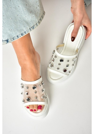 Fox Shoes U973622009 Beyaz Kalın Tabanlı Kadın Terlik Beyaz-suni Deri Beyaz