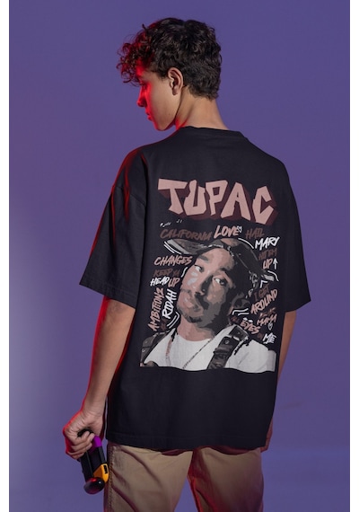 Tupac Rapper Sırt Baskılı Unisex Oversize Şarkıcı Tişört Siyah