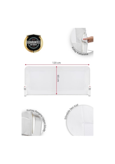 120x65 Cm Deri Kılıflı Yatak Bariyeri, Katlanır Yatak Korkuluğu, Beyaz