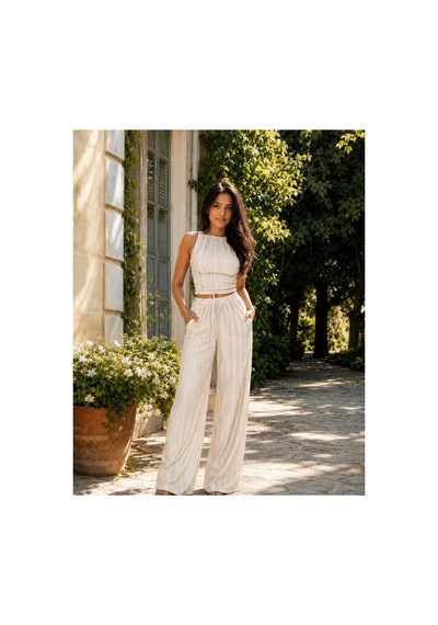 Unika Boutique Crop Pantolon Takım Kadın Şık Yazlık Fitilli Bej
