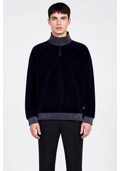 Benerly Erkek Dik Yaka Fermuar Detaylı Düşük Kol Polar Sweatshirt Fonksiy Lacivert