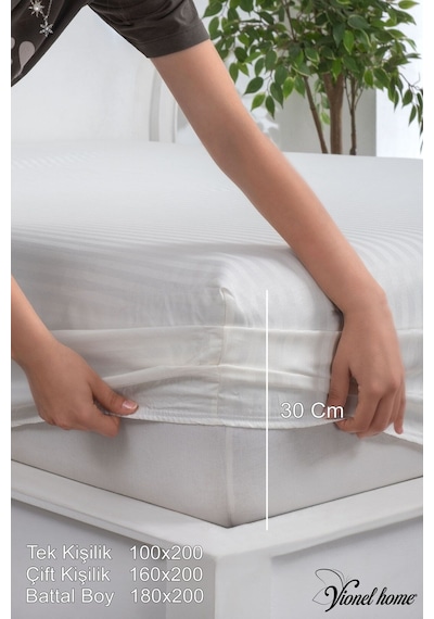 %100 Pamuk Çizgili Saten Tek / Çift Kişilik Lastikli Çarşaf Seti 100x200 160x200 180x200 Beyaz