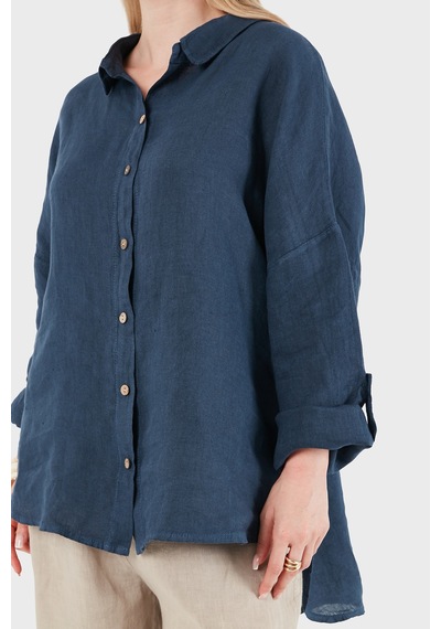 Via Dante % 100 Keten Oversize Yarı Transparan Gömlek Bayan Gömlek 7697 Lacivert