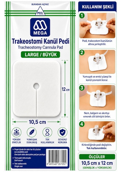 Mega Trakeostomı Kanül Pedi Büyük Beden 10,5 Cm X 12 Cm Tek Kullanımlık Emici Ped 100 Adet L
