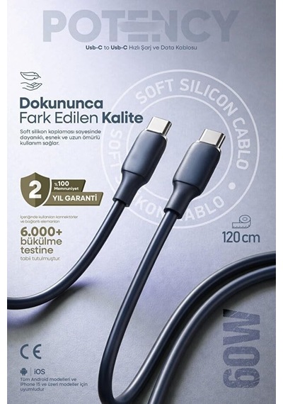 60w Potency Type-c To Type-c Isıya Dayanıklı Hızlı Şarj Ve Data Kablosu 1.2m Siyah Belirtilmemiş