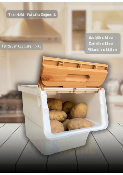 4 Lü Bambu-beyaz Renk Tekerlekli Patateslik Soğanlık Oyuncak Kutusu Patates Soğan Sepeti Toplam 48 Lt Bambu-beyaz