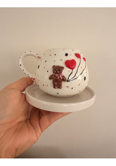 Teddy Ayıcıklı Kahve Ve Çay Fincanı Beyaz - Krem