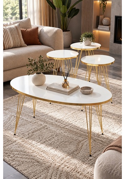 Sulorahome Beyaz Elips Orta Sehpa Ve 3'lü Zigon Sehpa Seti Gold Ayak Altın - Beyaz