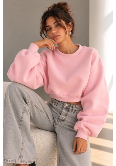 Bbbutikbasic 3 İplik Şardonlu Kısa Sweatshirt Bisiklet Yaka Kadın 3 İplik Şardonlu My3535 Pembe