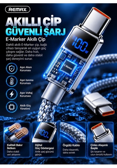 Remax Cb02-cc 100w Dijital Ekranlı Hızlı Şarj Ve Data Kablosu Type-c To Type-c 1.2 Metre Gri