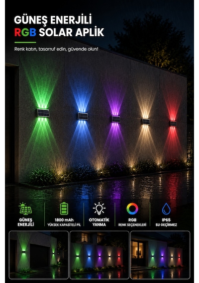 2 Adet Güneş Enerjili Rgb Solar Aplik 6 Led, Renkli Işıklı Otomatik Yanan Dış Mekan Duvar Lambası, Bahçe Balkon Teras Aydınlatması