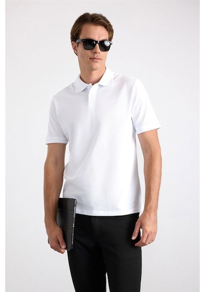 Süvari Beyaz Regular Düz Nakışlı Pike Düğmeli Polo Yaka Tişört Ts1014000473-bey