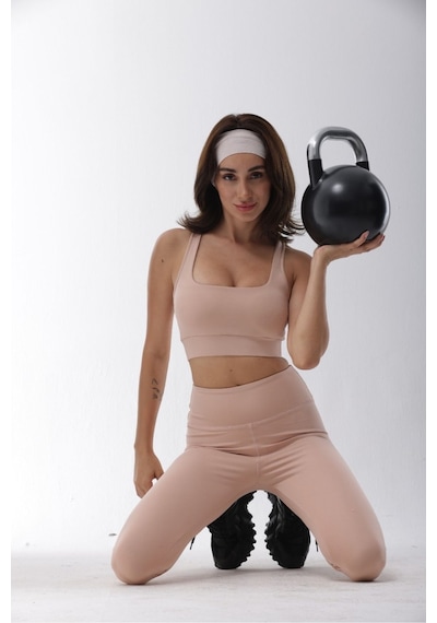 Playsportswear Polyester Pudra Normal Bel Fitted Basic Sporcu Tayt Takımı Pudra