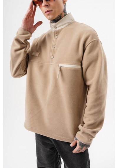 Respire Erkek Düğme Detaylı Oversize Polar Sweatshirt Bej