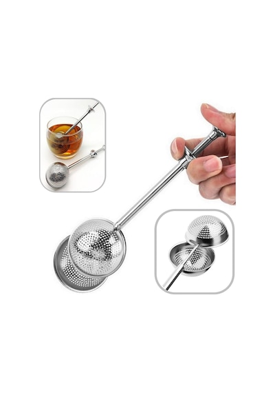 Çelik Tek Hareket Çay Demleme Aparatı Bitki Çayı Süzgeci 18,5x4,5 Cm Çay Kahve Bitki Demleme Süzgeç Gümüş