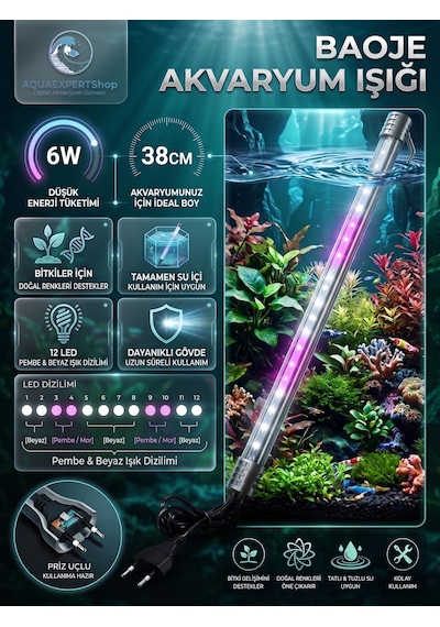 Akvaryum Işığı - Bitki Işığı - Balık Işığı - Tamamen Su İçinde Kullanılabilir - 12 Led - Pembe Beyaz - 38 Cm - Güçlü Aydınlatma - 6w