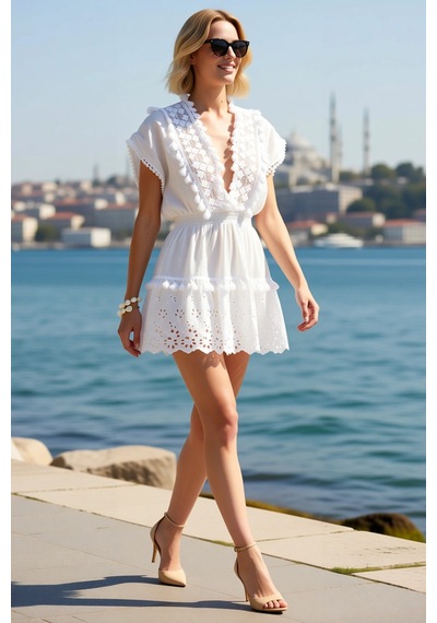 Benerly Kadın Dokuma Brodeli V Yaka Yarasa Kol Mini Elbise %100 Pamuk Pla Beyaz