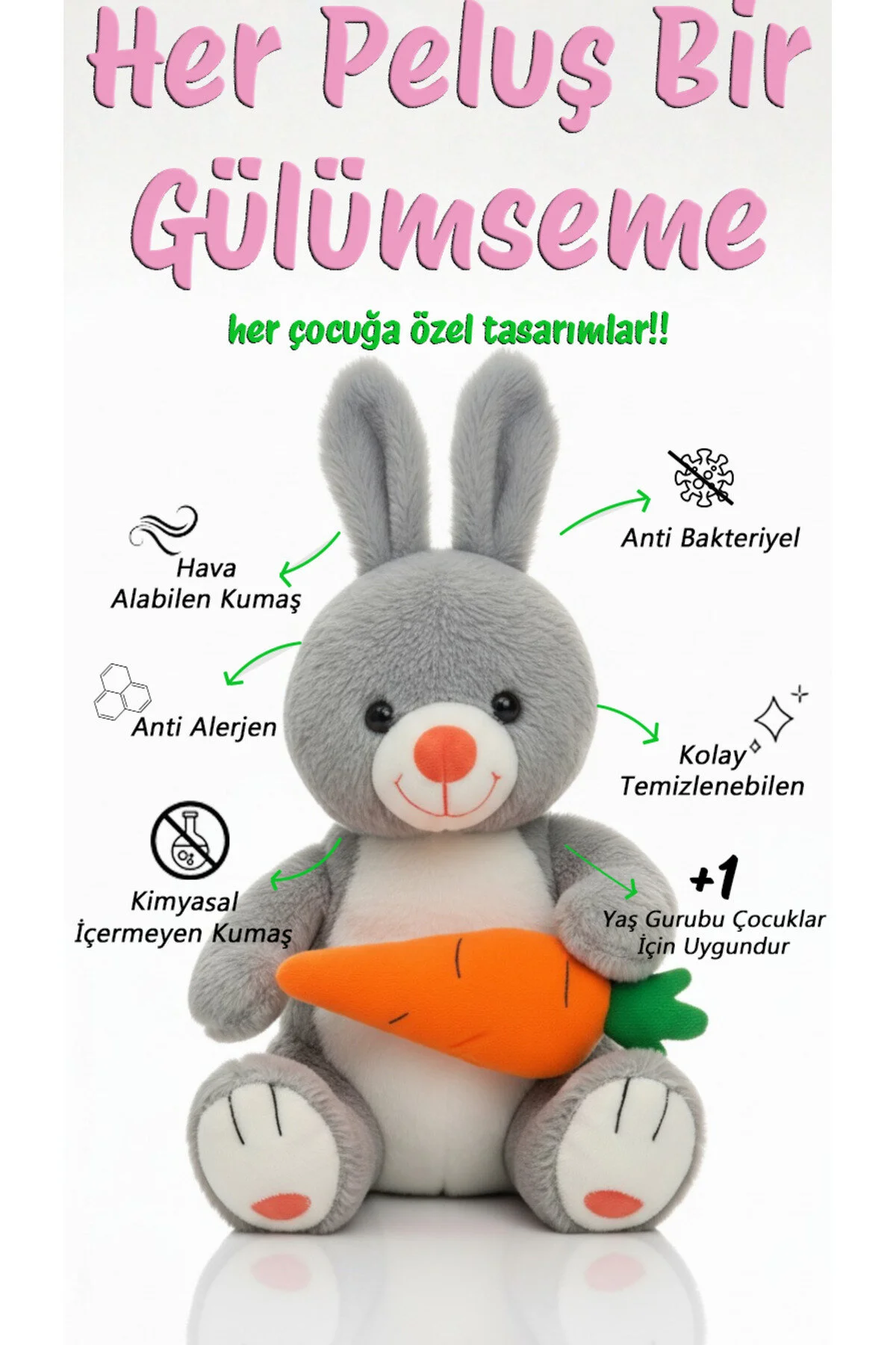 Havuçlu Tavşan Pembe 50 Cm Çocuklara Özel Sevimli Peluş Gri
