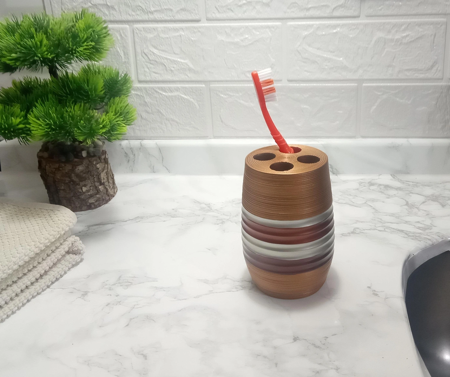 2 Adet Diş Fırçalık Metalik Kahve Poliresin 6x6x12cm Banyo Seti Çok Renkli