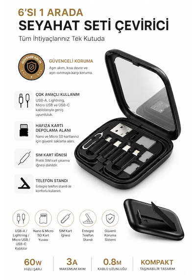 6'sı 1 Arada Seyahat Seti Çevirici 60w Hızlı Şarj, Sım Kart İğnesi, Usb Dönüştürücü, Nano & Micro Sd Kart Yuvası 1 Adet