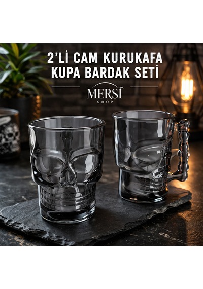 2 Li Cam Kurukafa Kupa Bardak Seti Gotik Tasarım Şeffaf Skull Kupa