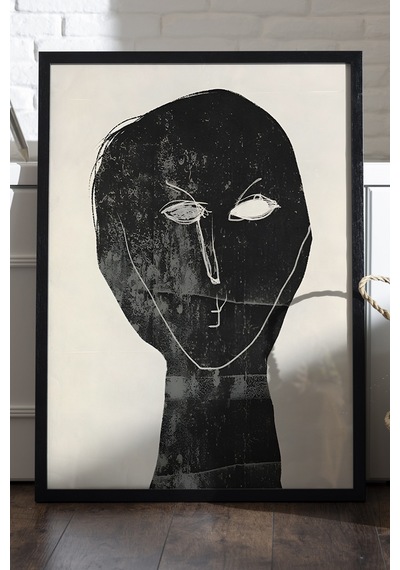 Lost Thought Siyah Ahşap Çerçeveli Poster, Dekoratif Soyut Monokrom Duvar Tablosu