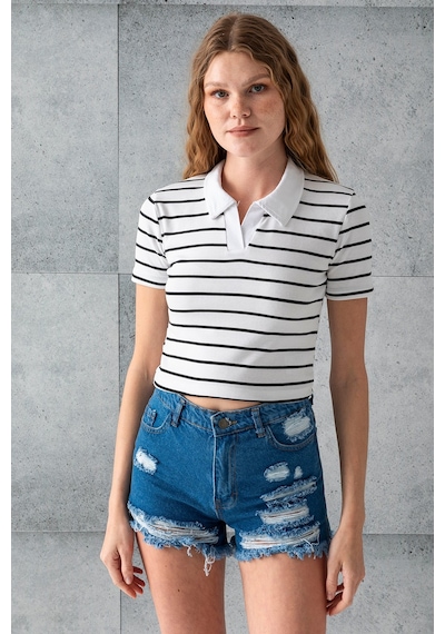 Giysa Kadın Polo Yaka Çizgili Pamuklu T-shirt Beyaz Siyah - 25795 Beyaz - Siyah