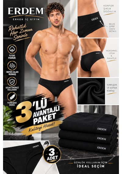 Erdem Erkek Siyah Pamuk Elastan Slip-3'lü Paket- 1340sw