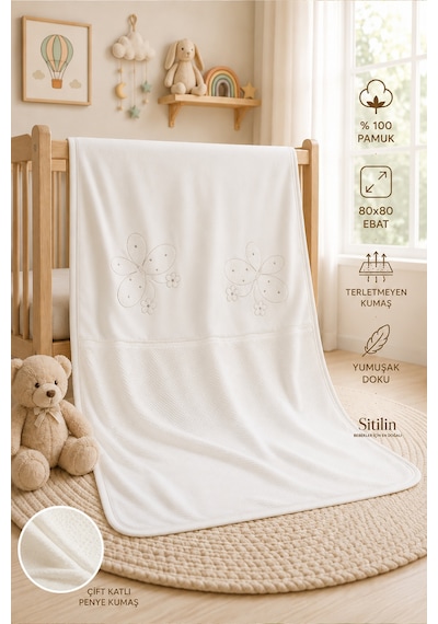 Kız Erkek Bebek Çift Katlı Pamuk Natural Penye Battaniye Stl7236 Beyaz - Fuşya