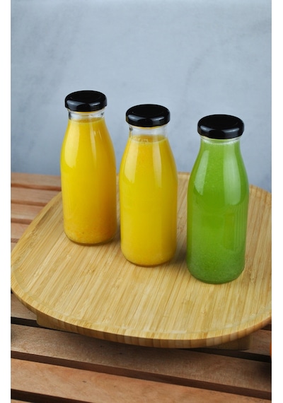 3 Adet Cam Şişe Meyve Suyu Ayran Detoks Şişesi 250 Ml Siyah Metal Kapaklı Şişe