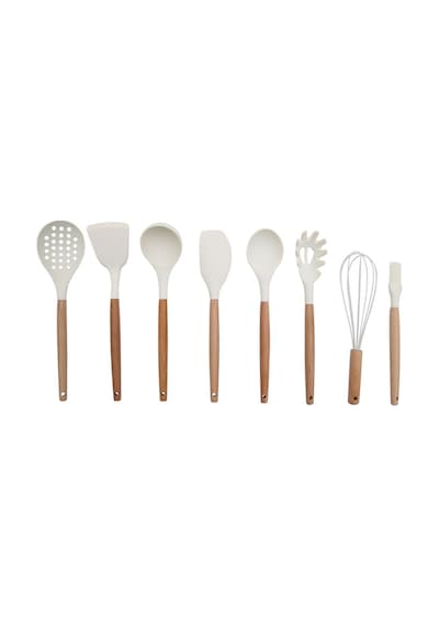 Qerhome 8 Parça Bambu Saplı Silikon Kepçe Spatula Mutfak Seti Krem