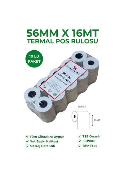 56x16 Termal Rulo Yazarkasa Pos Rulosu 1 Paket 10 Adet Tse Belgeli Bpa Free
