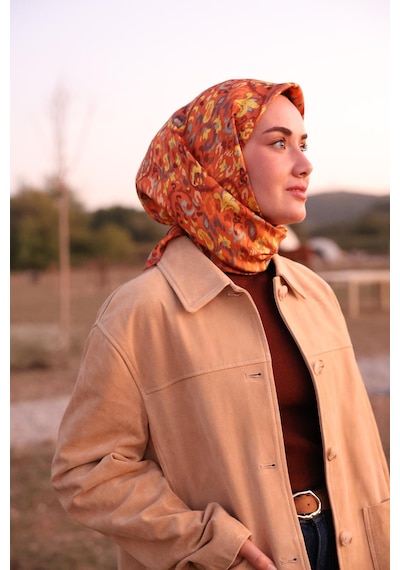 Silk Home Twill İpek Eşarp 11478-30 Kiremit, Füme, Tarçın, Yeşil Gri, Sarı