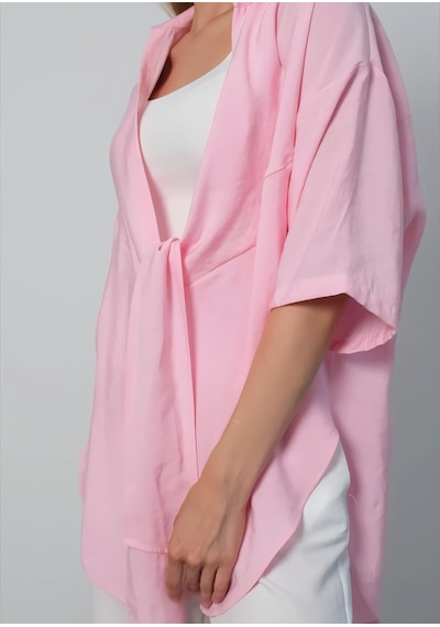 Pera Moda Önden Bağlamalı Uzun Kimono Yazlık İnce Gömlek Hırka Modeli Pembe
