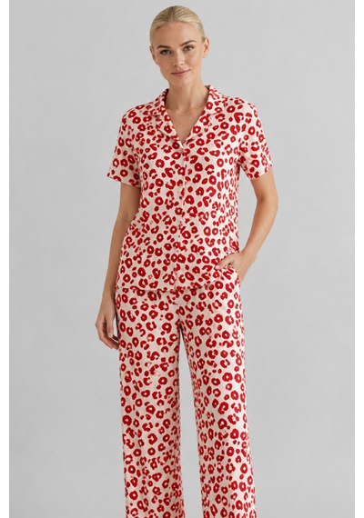 Kırmızı Leopar Desenli Bürümcük Kumaş Pijama Takımı 4644-beyaz