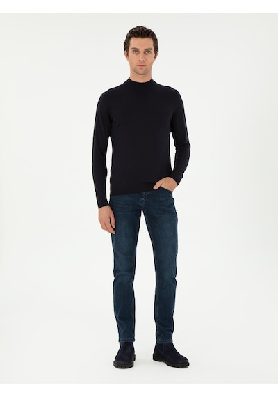 Cacharel Lacivert Slim Fit Kaşmir İpek Karışımlı Çeyrek Balıkçı Yaka Triko Kazak