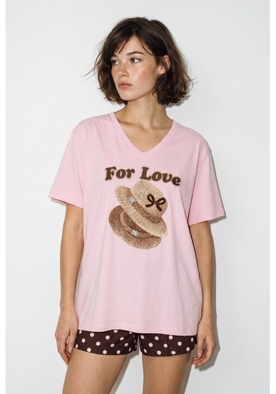 Kadın V Yaka For Love Nakış Ve Boncuk İşlemeli Oversize T-shirt 2240 60286329 - Pudra