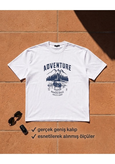 Büyük Beden Bisiklet Yaka Baskılı Erkek Tshirt Beyaz