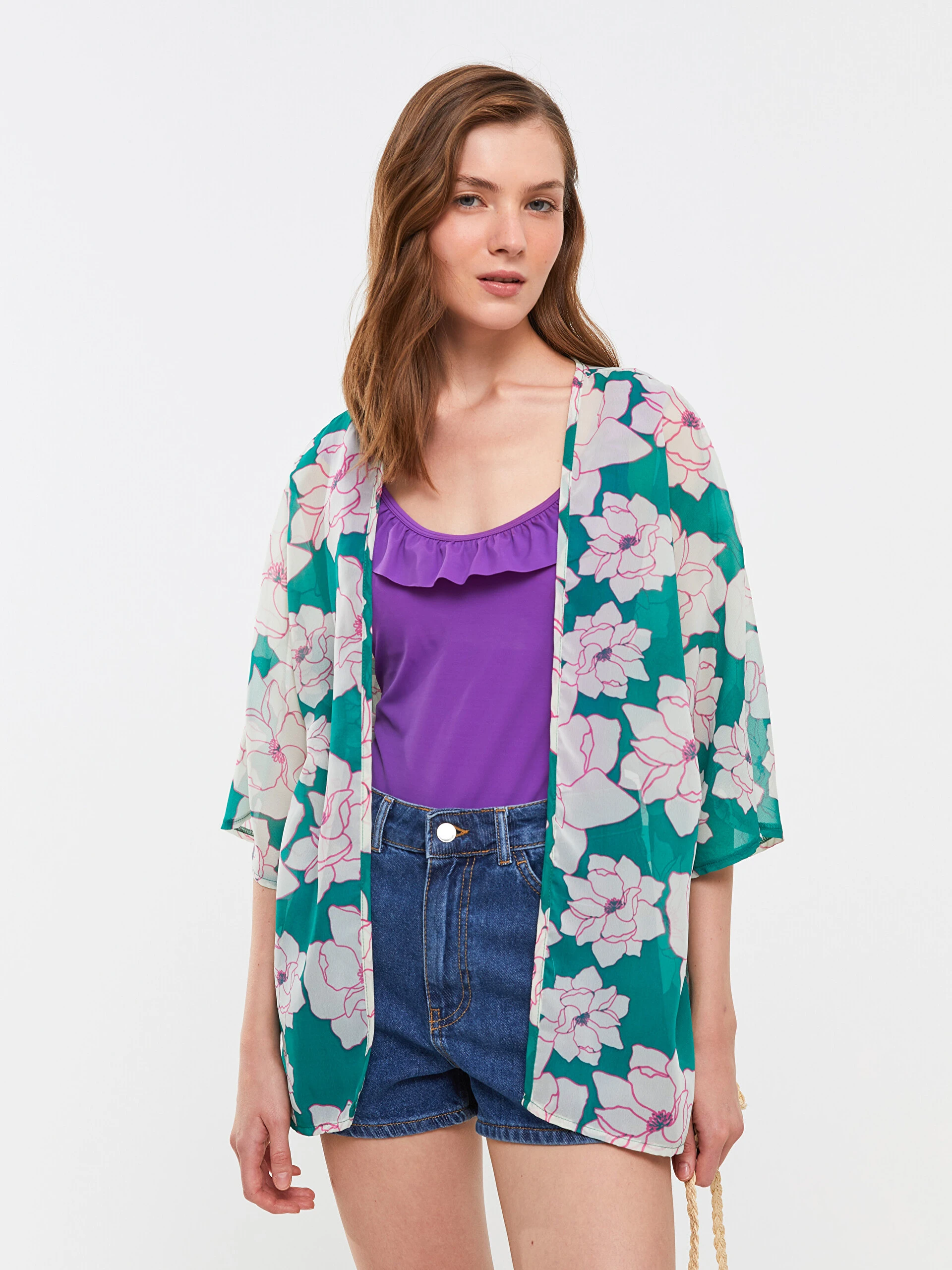 LC Waikiki Lcw Eco Yeşil Şal Yaka Desenli Kadın Kimono
