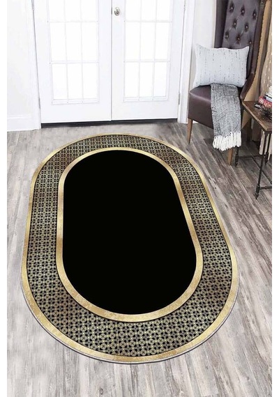 Siyah Gold Çerçeveli Kaymaz Tabanlı Hol Halısı Oval Ar727n11 Siyah - Gold