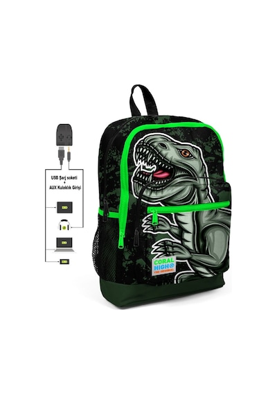 Coral High Yeşil Dinazor Desenli İlkokul ve Günlük Sırt Çantası USB ve AUX Soketli 23825