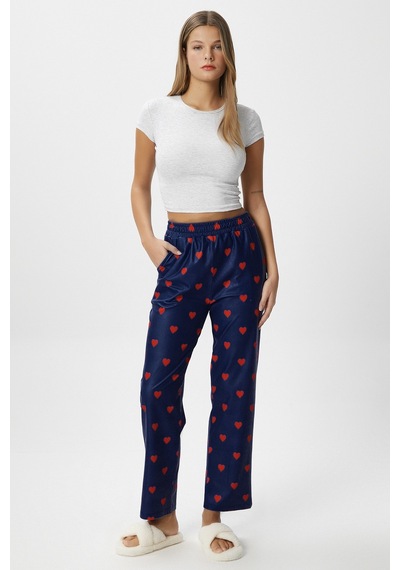 Ritnice Kadın Teddi Ultra Yumuşak Cepli Lacivert Kalp Desen Yılbaşı Pijama Altı Lacivert