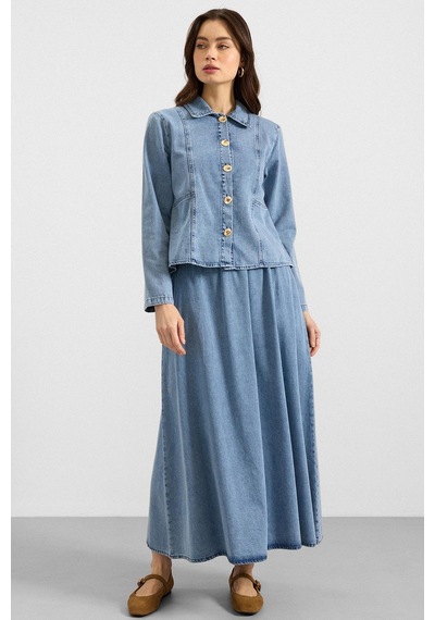 Olcay Metal Düğmeli Etek Ceket Denim İkili Takım Açık Mavi 9400-tk