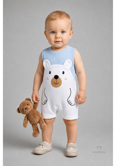Babyden's Erkek Bebek Yazlık Ayıcık Baskılı Fitilli Tulum %100 Pamuk Kolsuz Şort Tulum Yenidoğan Bebek Romper 0-9 Ay Mavi