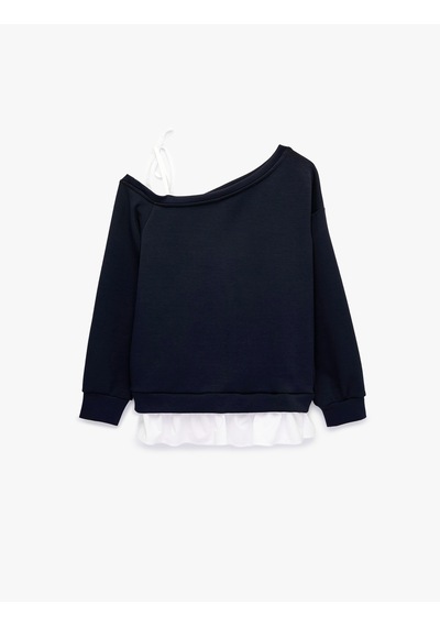Koton Pamuklu Asimetrik Yaka Tek Askılı Baskılı Uzun Kollu Sweatshirt Lacivert 7wal10254ık