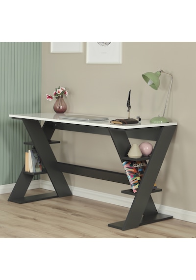 Pasific Home Lungo Raflı Çalışma Masası, Ofis Masası, 60X140 Cm, Antrasit&Beyaz Antrasit  -  Beyaz