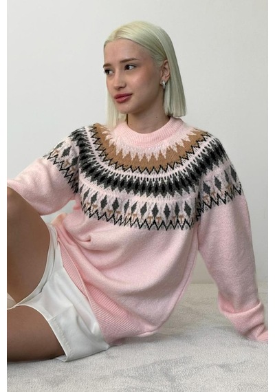 Madmext Pembe Bisiklet Yaka Desenli Kadın Triko Kazak Mg2502 Pembe