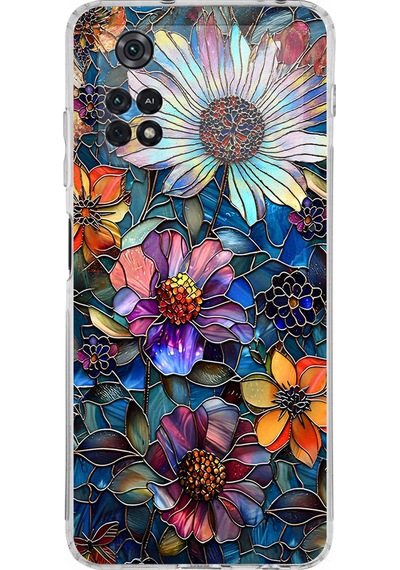 Printify Poco M4 Pro İle Uyumlu Vitray Mücevher Flora Tasarımlı Şeffaf Silikon Kılıf Şeffaf