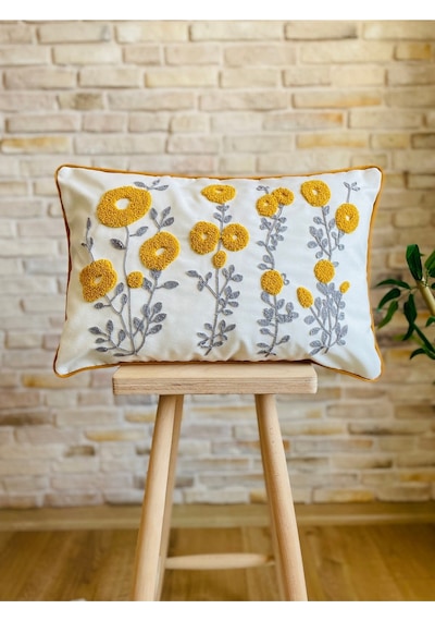 Swita Home Punch İşlemeli Tekli Dekoratif Papatya Desen Kırlent Kılıfı Panç Sarı - Beyaz