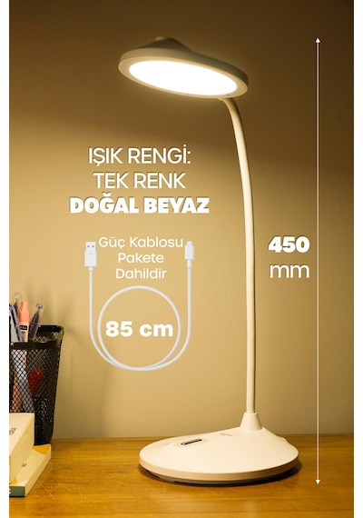 Şarjlı Masa Lambası Işık Ayarlanabilir Telefon Tutuculu Ders Çalışma Okuma Işığı Doğal Işık 1023 Beyaz